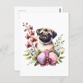 Postal Pug con rama de orquídeas, posttravesía