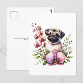 Postal Pug con rama de orquídeas, posttravesía