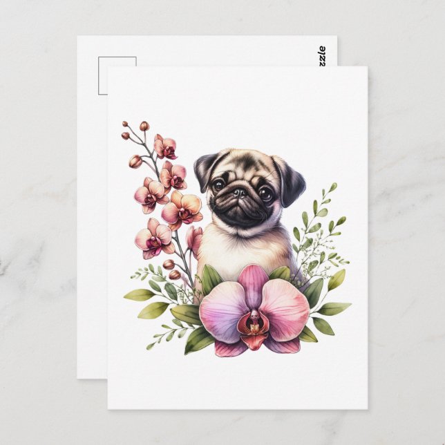 Postal Pug con rama de orquídeas, posttravesía (Anverso / Reverso)