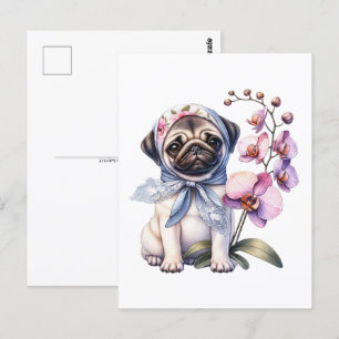 Postal Pug con rama de orquídeas, posttravesía