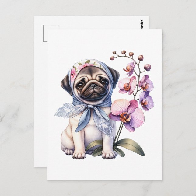 Postal Pug con rama de orquídeas, posttravesía (Anverso / Reverso)
