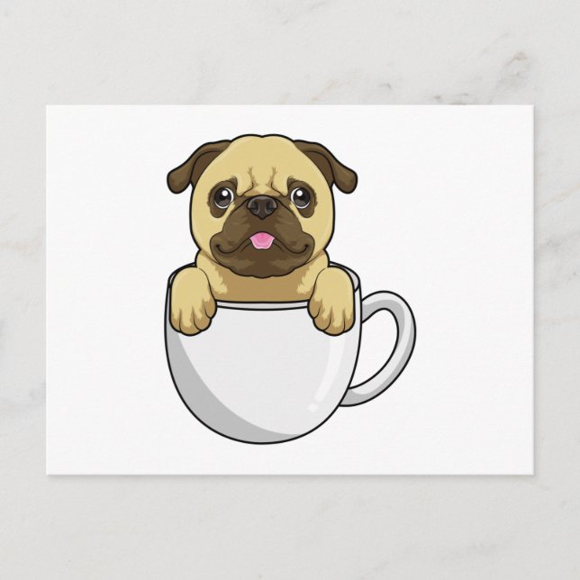 Postal Pug con taza de café (Anverso)