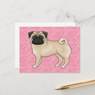 Postal Pug de color cervato dibujo animado corazones de a