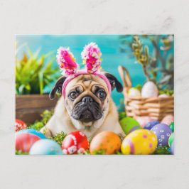 Postal Pug Dressed as Easter Bunny with Eggs