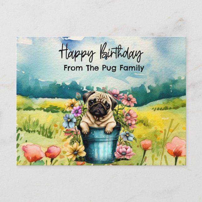 Postal Pug en flores silvestres cumpleaños acuarela (Anverso)