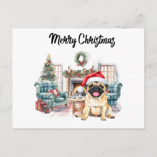 Postal Pug Feliz Navidad acuarela