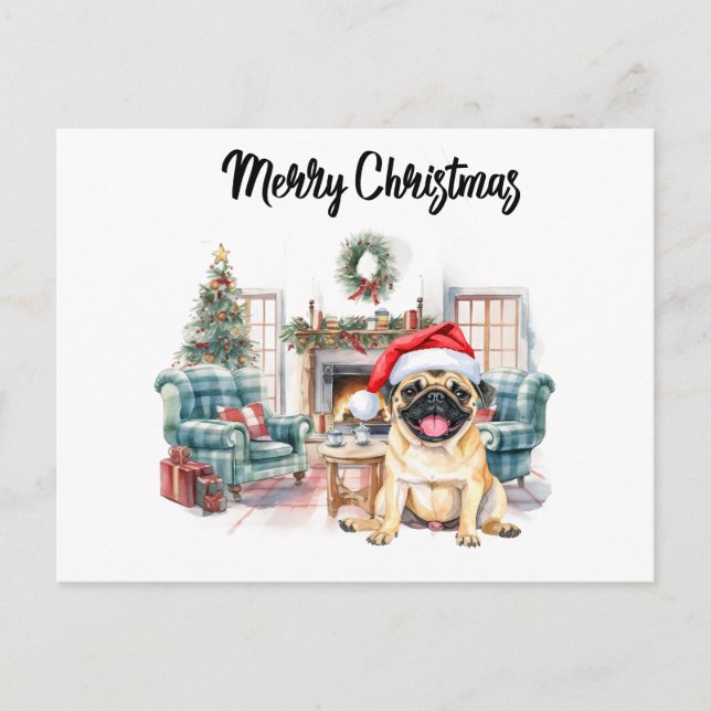 Postal Pug Feliz Navidad acuarela (Anverso)