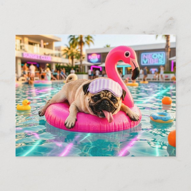 Postal Pug Flotando en Flotador de Flamenco Rosa (Anverso)
