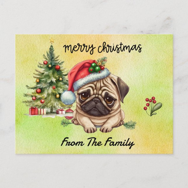 Postal Pug Merry Christmas acuarela (Anverso)