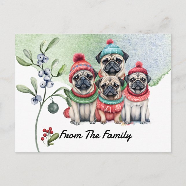 Postal Pug Merry Christmas acuarela (Anverso)