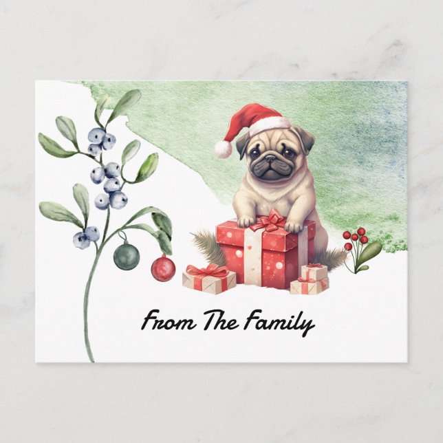 Postal Pug Merry Christmas acuarela (Anverso)