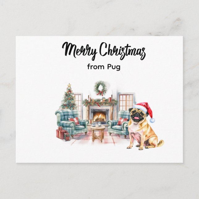 Postal Pug Merry Christmas watercolor Postcard (Anverso)