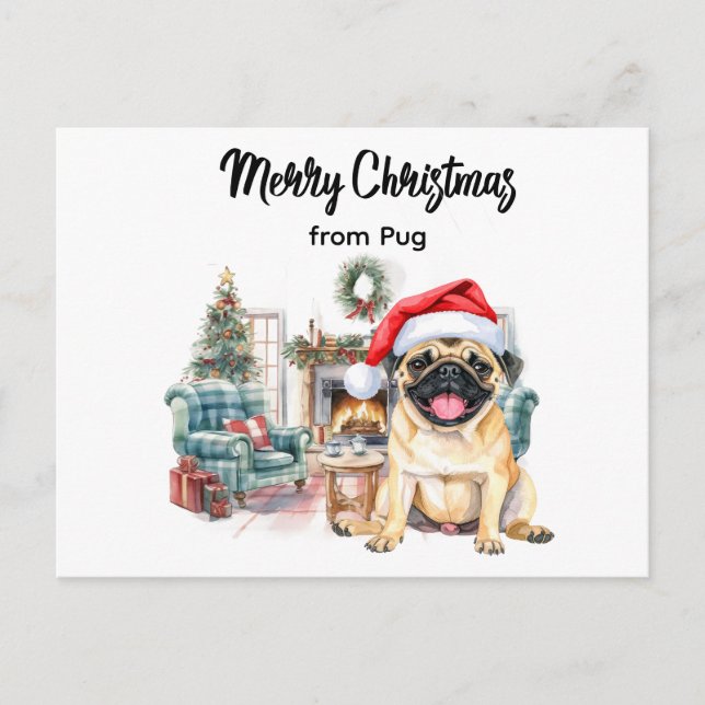 Postal Pug Merry Christmas watercolor Postcard (Anverso)