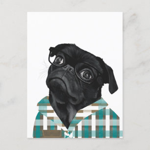 Postal Pug Negra Adorable Con Gafas Y Camisa