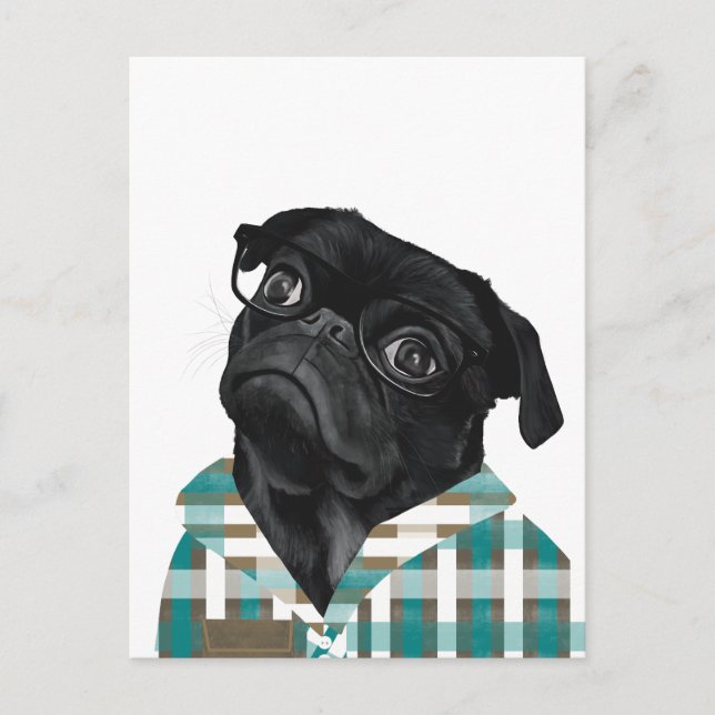 Postal Pug Negra Adorable Con Gafas Y Camisa (Anverso)