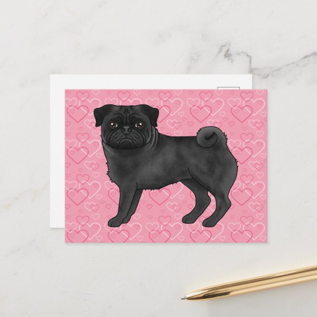 Postal Pug negro de dibujos animados con estampado de cor (Anverso/Reverso In Situ)