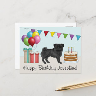 Postal Pug Negro Dibujo Animado Lindo Perro Cumpleaños Fe