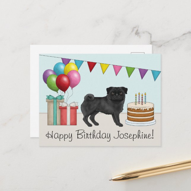 Postal Pug Negro Dibujo Animado Lindo Perro Cumpleaños Fe (Anverso/Reverso In Situ)