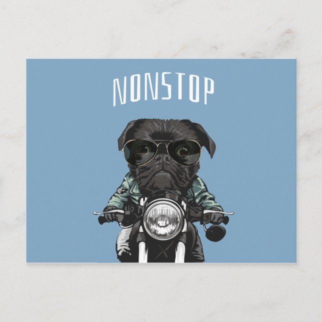 Postal Pug negro en un ilustracion de motocicleta (Anverso)
