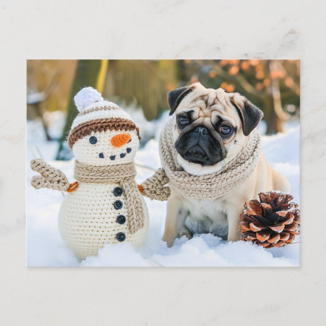 Postal Pug Sitting Next to Snowman in Winter (Anverso)