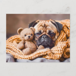 Postal Pug Snuggling with Teddy Bear Blanket