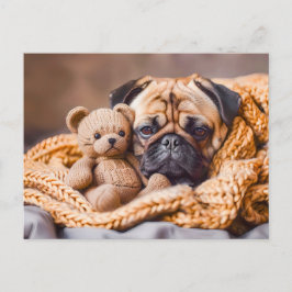 Postal Pug Snuggling with Teddy Bear Blanket