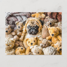 Postal Pug Surrounded by Plush Teddy Bears