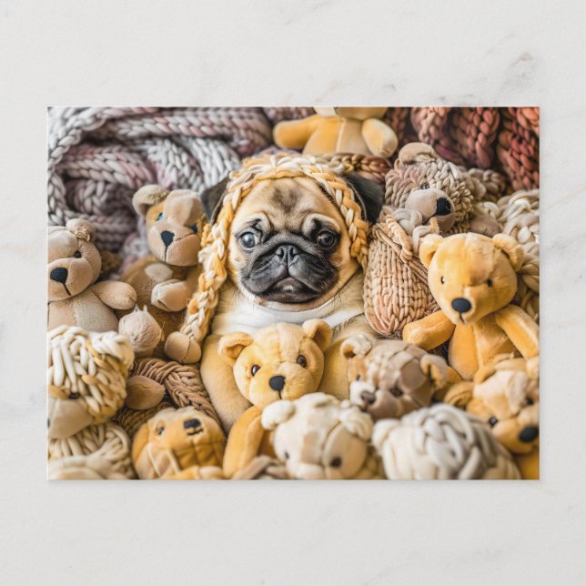 Postal Pug Surrounded by Plush Teddy Bears (Anverso)