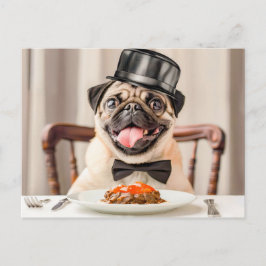 Postal Pug Wearing Hat Sitting at Table