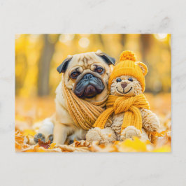 Postal Pug with Plush Toy in Autumn Forest
