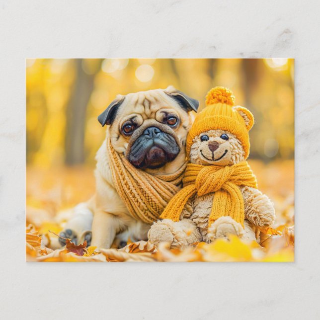 Postal Pug with Plush Toy in Autumn Forest (Anverso)