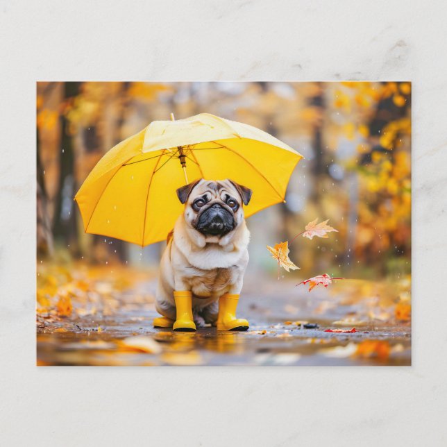 Postal Pug with Umbrella and Boots in Rain (Anverso)