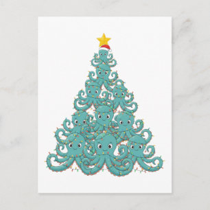 Postal Pulpo Árbol de Navidad Sombrero de Santa Luces de