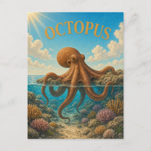Postal Pulpo Arrecife de Coral Acuarela GeoSaga