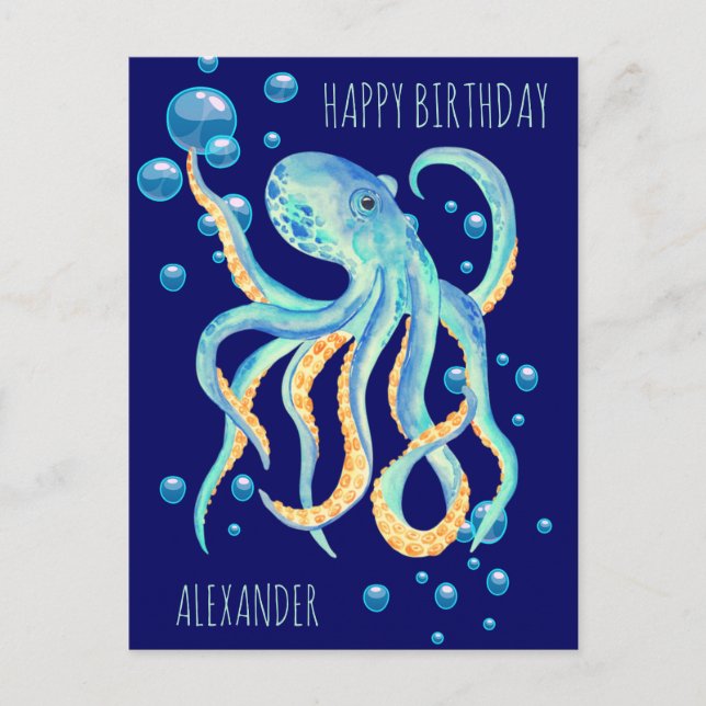 Postal Pulpo azul de mar profundo burbuja azul cumpleaños (Anverso)