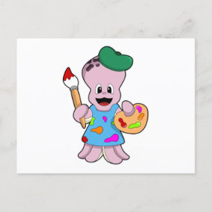 Postal Pulpo como pintor con pincel