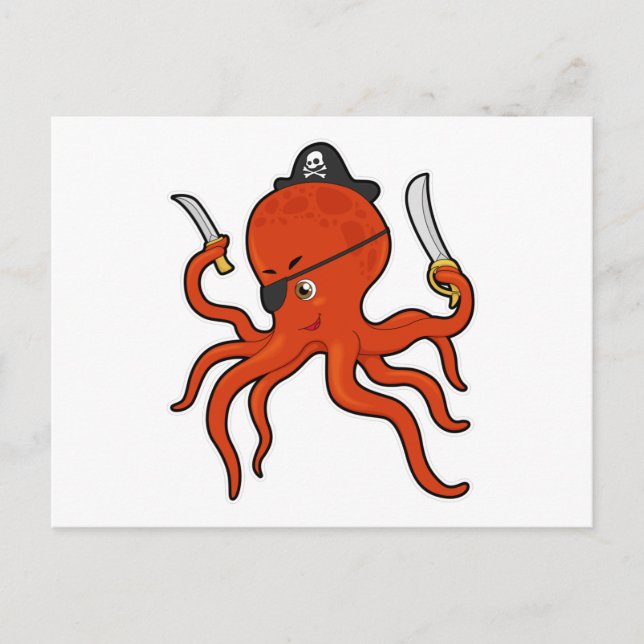 Postal Pulpo como Pirata con Espada y Cuchillo (Anverso)