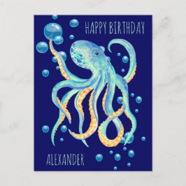 Postal Pulpo de aguas profundas azul burbuja cumpleaños n