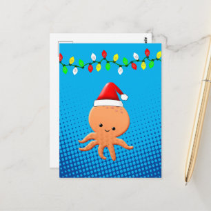 Postal Pulpo de dibujos animados lindo sombrero de Santa 