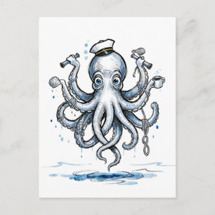 Postal Pulpo haciendo malabarismos con anclas en tinta ma