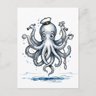 Postal Pulpo haciendo malabarismos con anclas en tinta ma