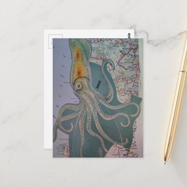 Postal Pulpo Retro y Collage de Mapa (Anverso/Reverso In Situ)