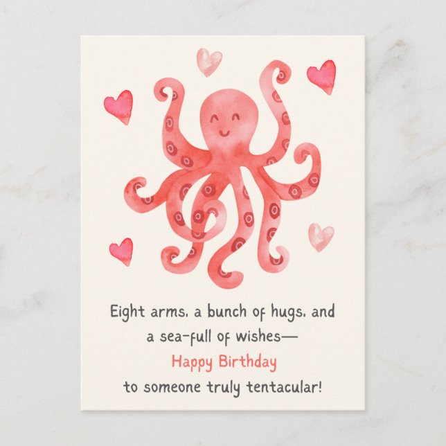 Postal Pulpo Rojo Sonriente Cumpleaños Feliz Corazones (Anverso)