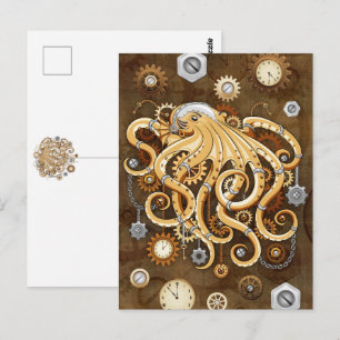 Postal Pulpo Steampunk Retro Fantasía Mecánica