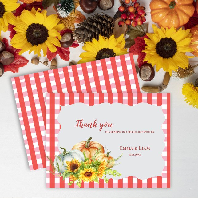 Postal Pumpkins Sunflower Otoño Boda otoño Gracias (Pumpkins Sunflowers Autumn Fall Wedding Thank You Postcard)