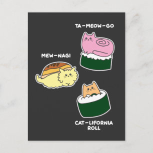 Postal Pun animal de gato rodante de sushi
