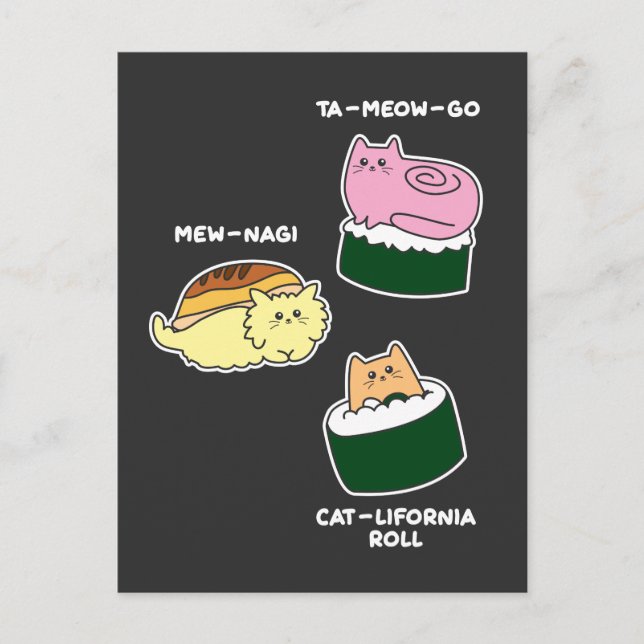 Postal Pun animal de gato rodante de sushi (Anverso)