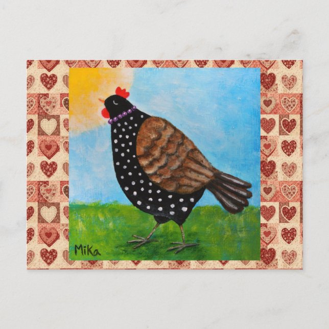 Postal Punto de polka negro Granja de campo Hen de pollo  (Anverso)