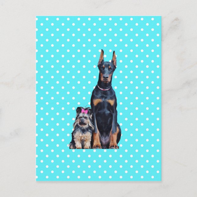 Postal Puntos de Polka Azul de Yorkshire Terrier Doberman (Anverso)