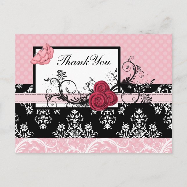 Postal puntos de polka damascal rosa pastel Gracias (Anverso)